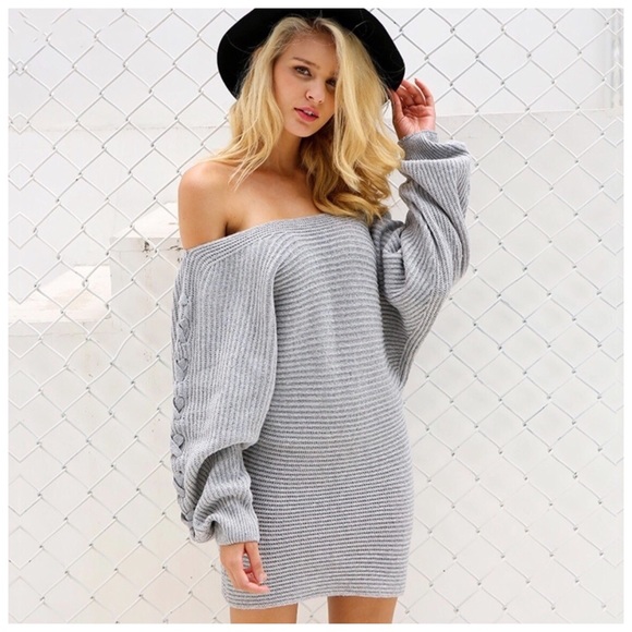 Dresses & Skirts - Gray Off The Shoulder Slouch Tie Sweater C68